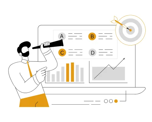 Illustration of an analyst using a telescope to study survey results and performance charts