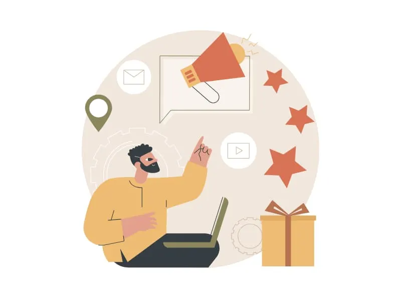 Illustration of a marketer promoting travel offers with a megaphone, email and customer ratings