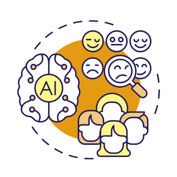 Illustration of AI analysing customer sentiment, with a brain beside faces showing different reactions