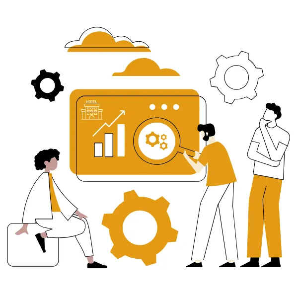 Illustration of a team reviewing charts and dashboards on a large screen