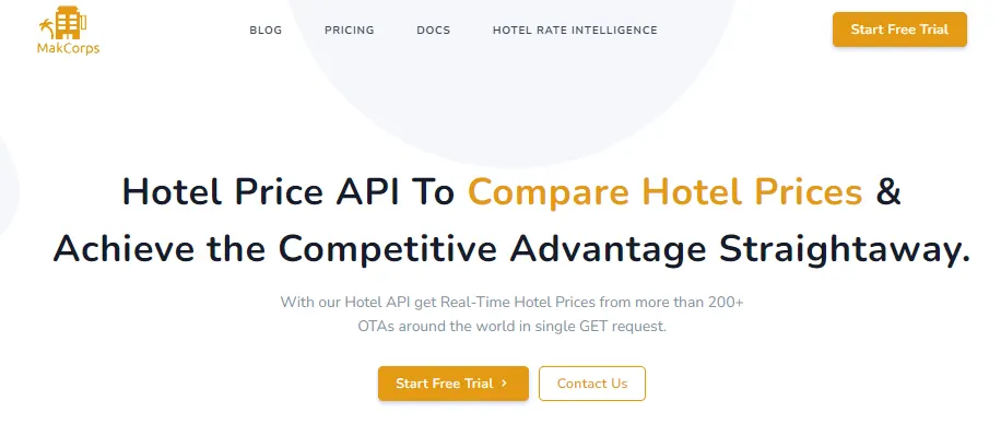 Makcorps homepage headlined 'Hotel Price API To Compare Hotel Prices'