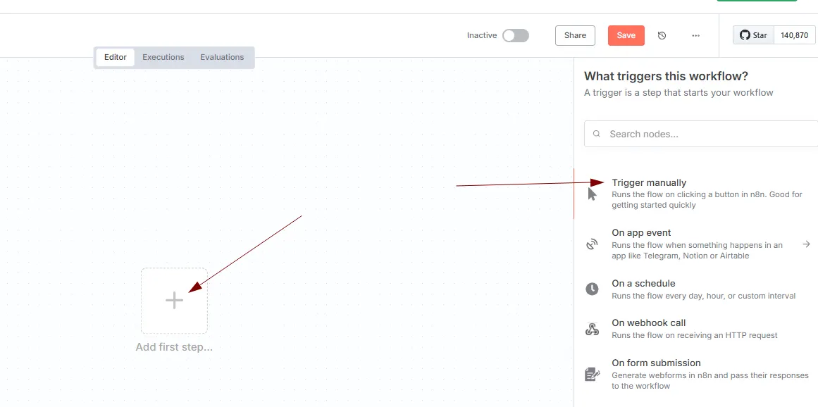 n8n workflow editor with a red arrow pointing at 'Add first step' beside the list of available triggers