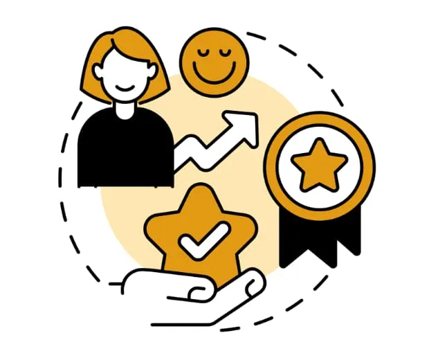 Illustration of guest satisfaction, with a smiling guest beside a rising arrow, a star and an award ribbon
