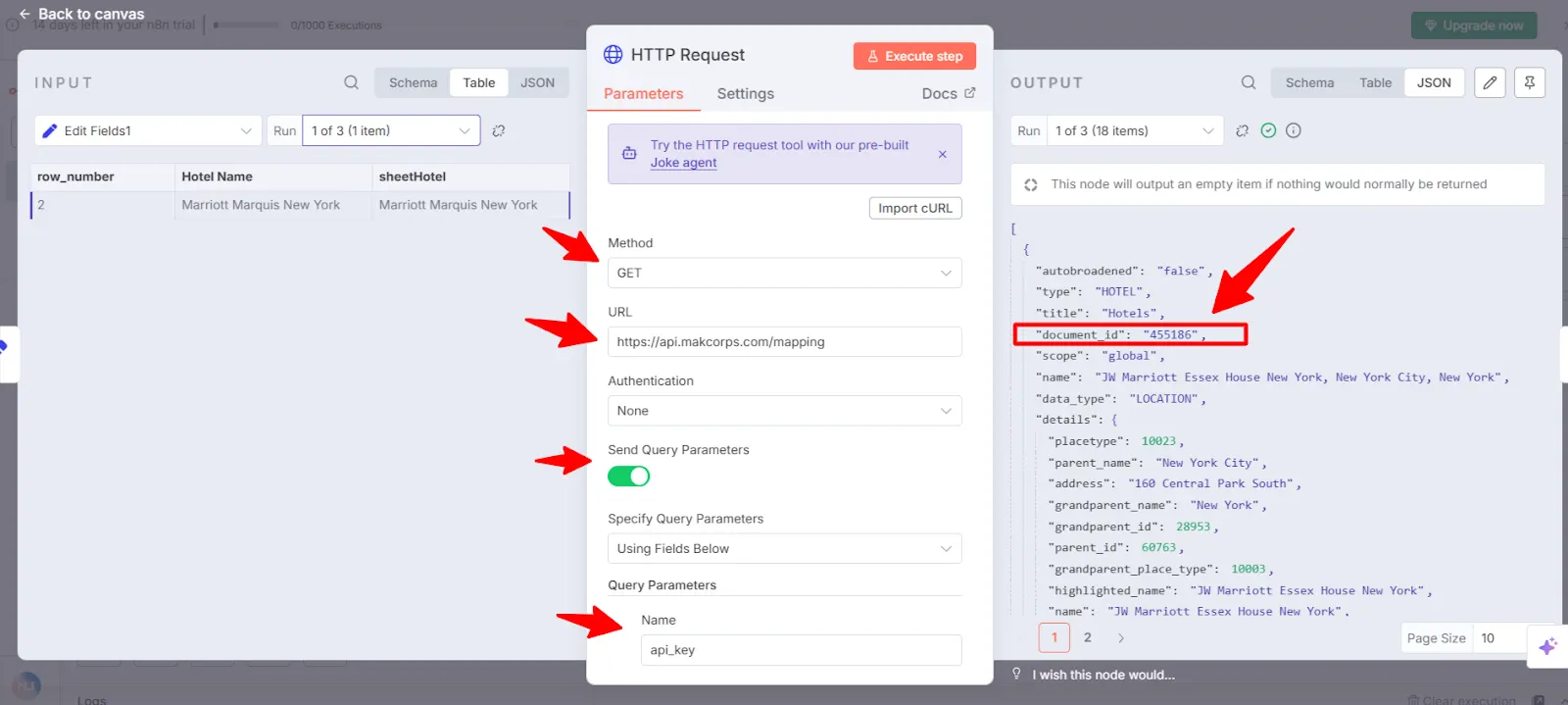 n8n HTTP Request node calling the Makcorps mapping endpoint, with red arrows on the method, URL and api_key query parameter