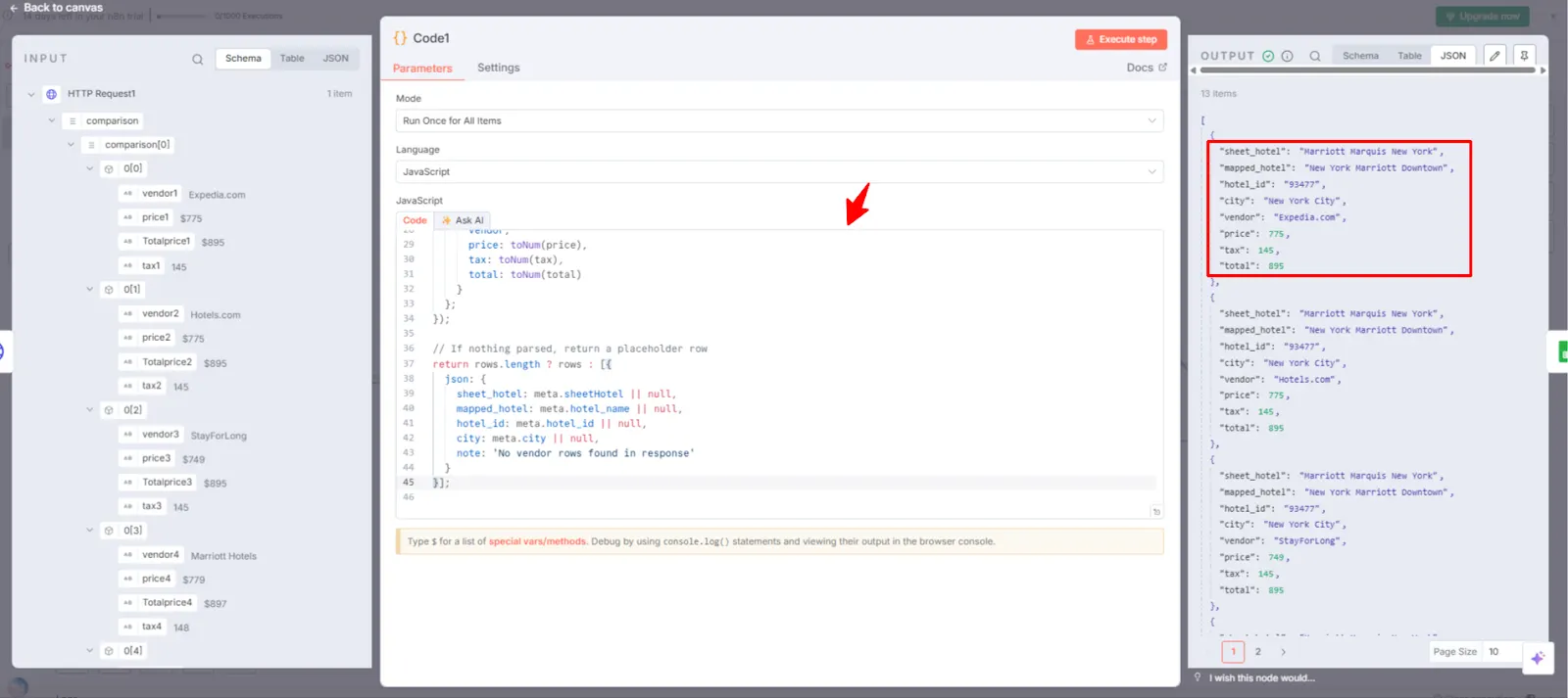 n8n Code node running JavaScript that flattens the vendor price comparison into one row per vendor