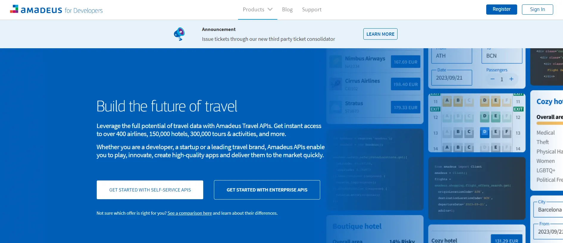 Amadeus for Developers homepage headlined 'Build the future of travel'