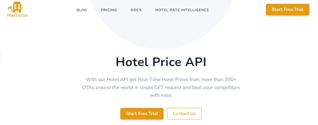 Makcorps Hotel Price API page offering real-time prices from more than 200 OTAs in a single request