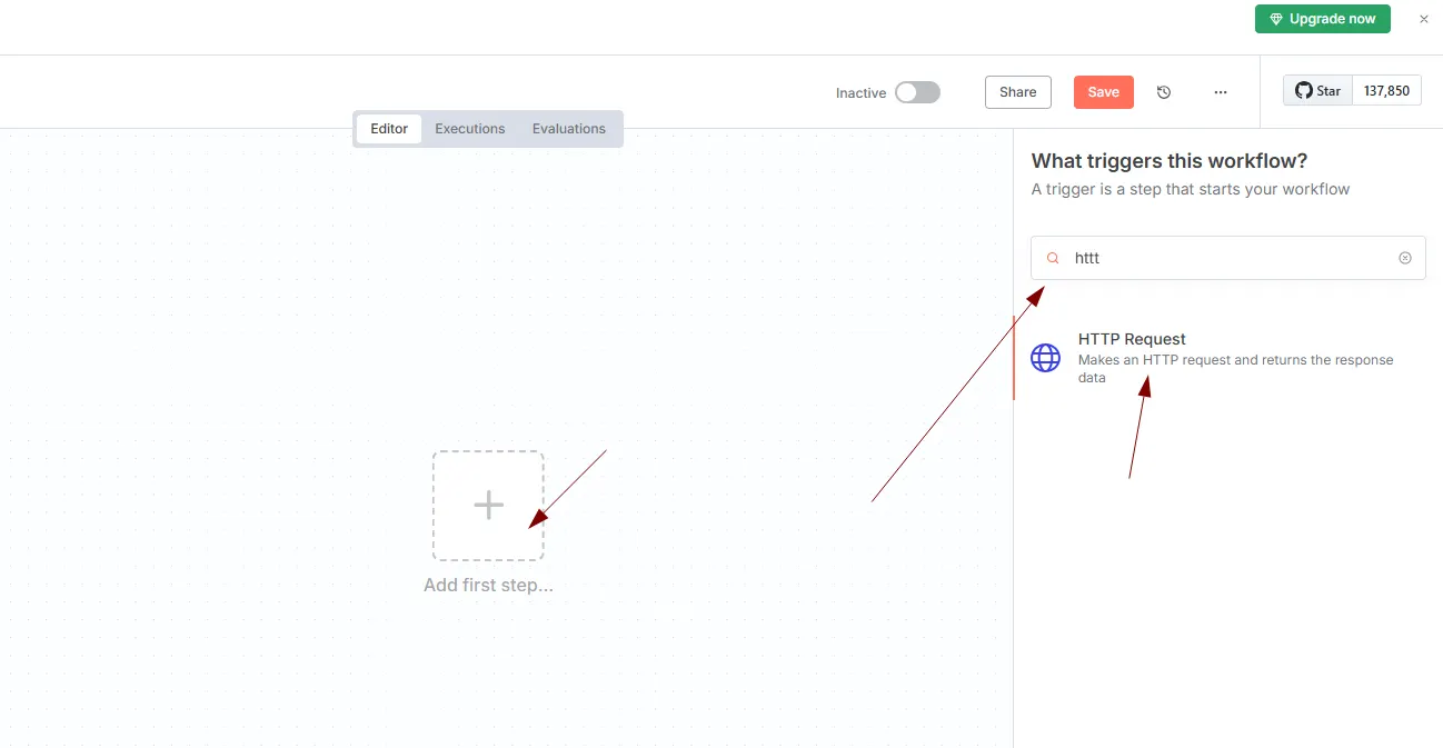 n8n node search filtered to 'http', with red arrows pointing at the search box and the HTTP Request node