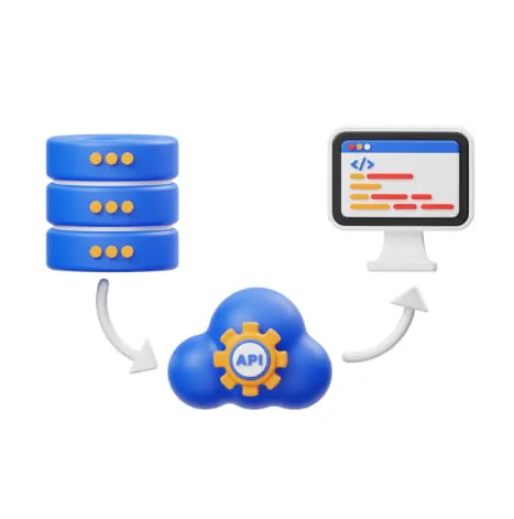 Illustration of databases and an application exchanging data through an API in the cloud