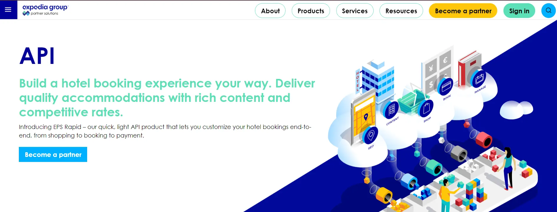 Expedia Group API page inviting partners to build a hotel booking experience with rich content and competitive rates