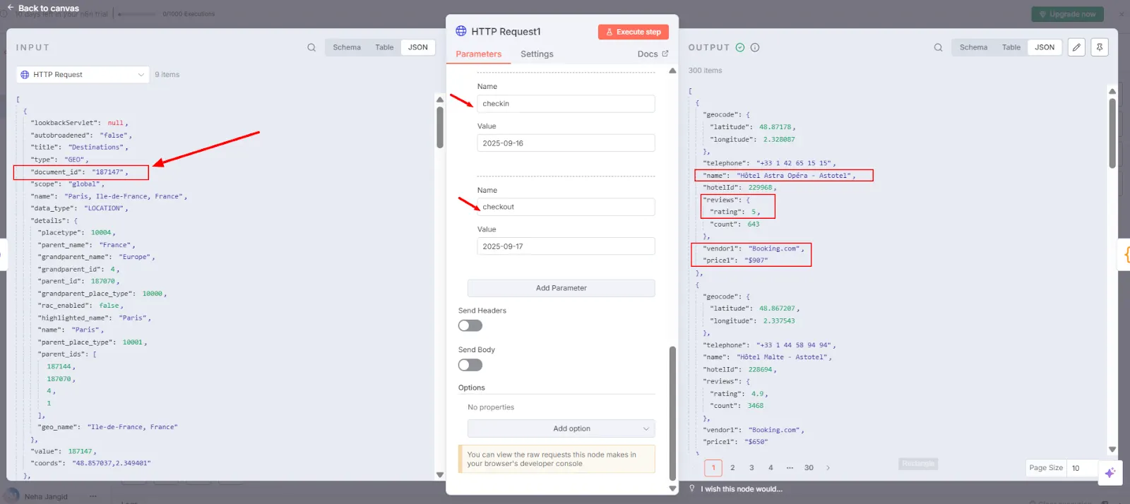n8n HTTP Request node with check-in and check-out parameters added, and the hotel document ID highlighted in the response