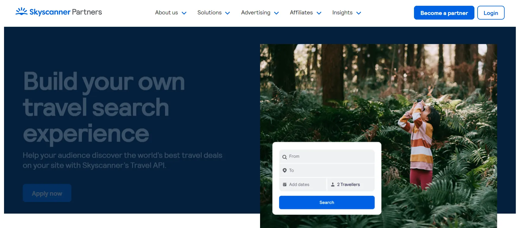 Skyscanner Partners page headlined 'Build your own travel search experience'