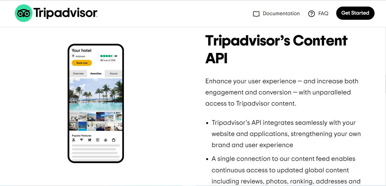 Tripadvisor Content API page describing access to reviews, photos and ratings