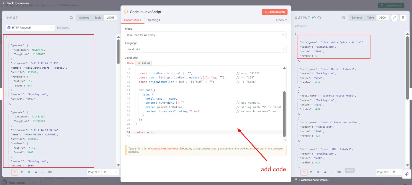 n8n JavaScript code node annotated 'add code', with the hotel price data before and after transformation