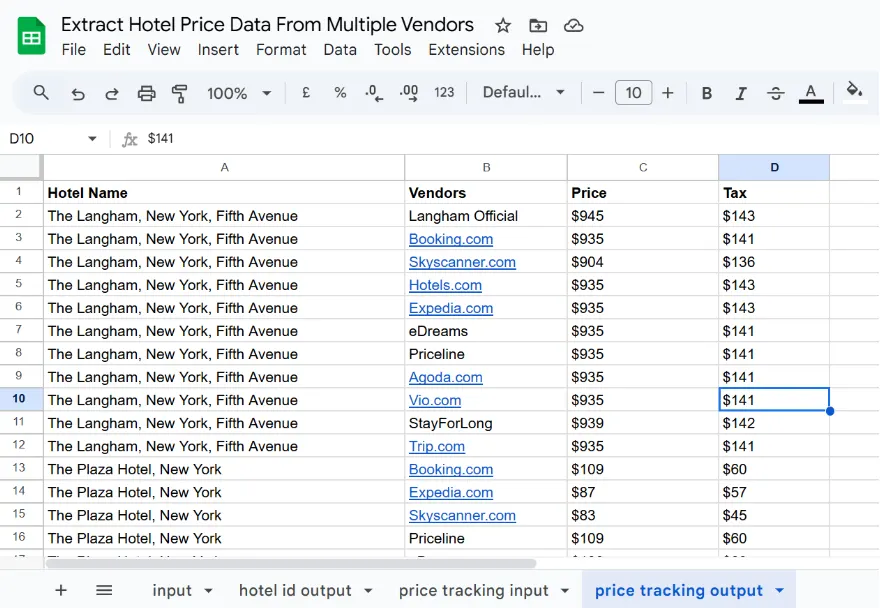 Google Sheet listing prices and taxes from each vendor for The Langham and The Plaza