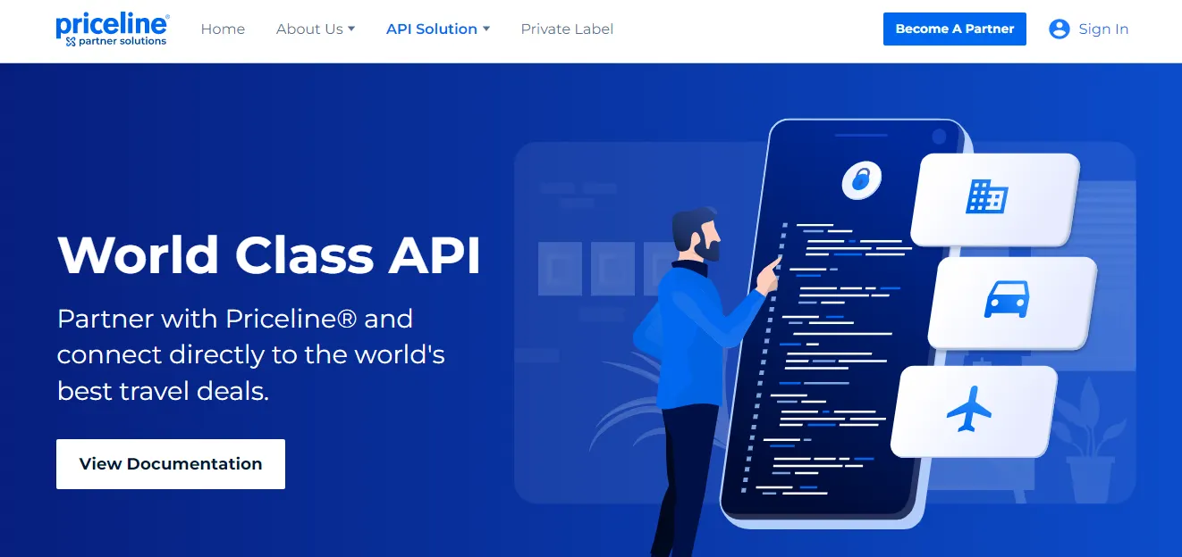 Priceline Partner Solutions page headlined 'World Class API'