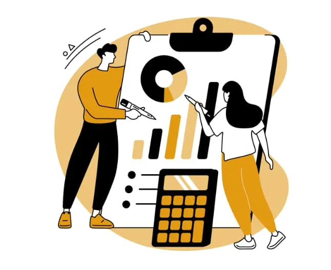 Illustration of two analysts reviewing charts on a clipboard beside a calculator