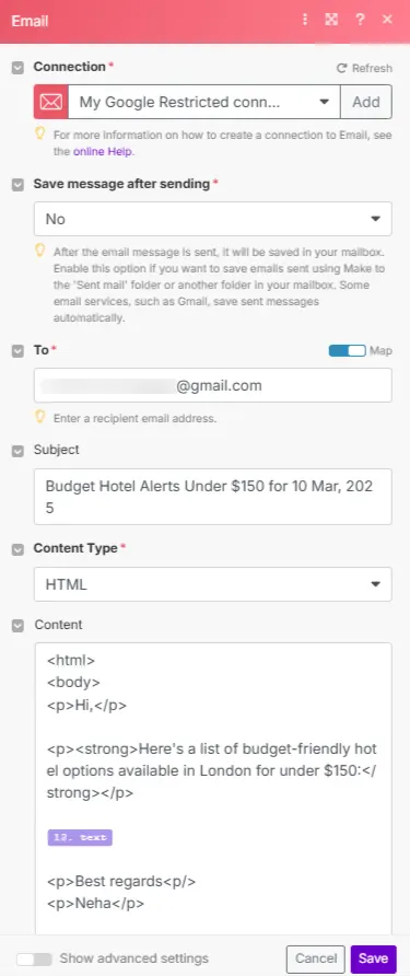 Make.com email module composing the budget hotel alert as an HTML message