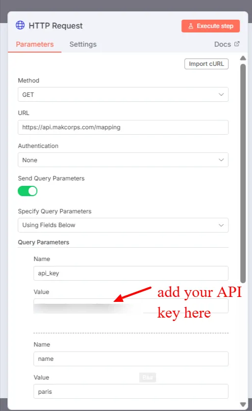 n8n HTTP Request node set to GET the Makcorps mapping endpoint, annotated 'add your API key here'