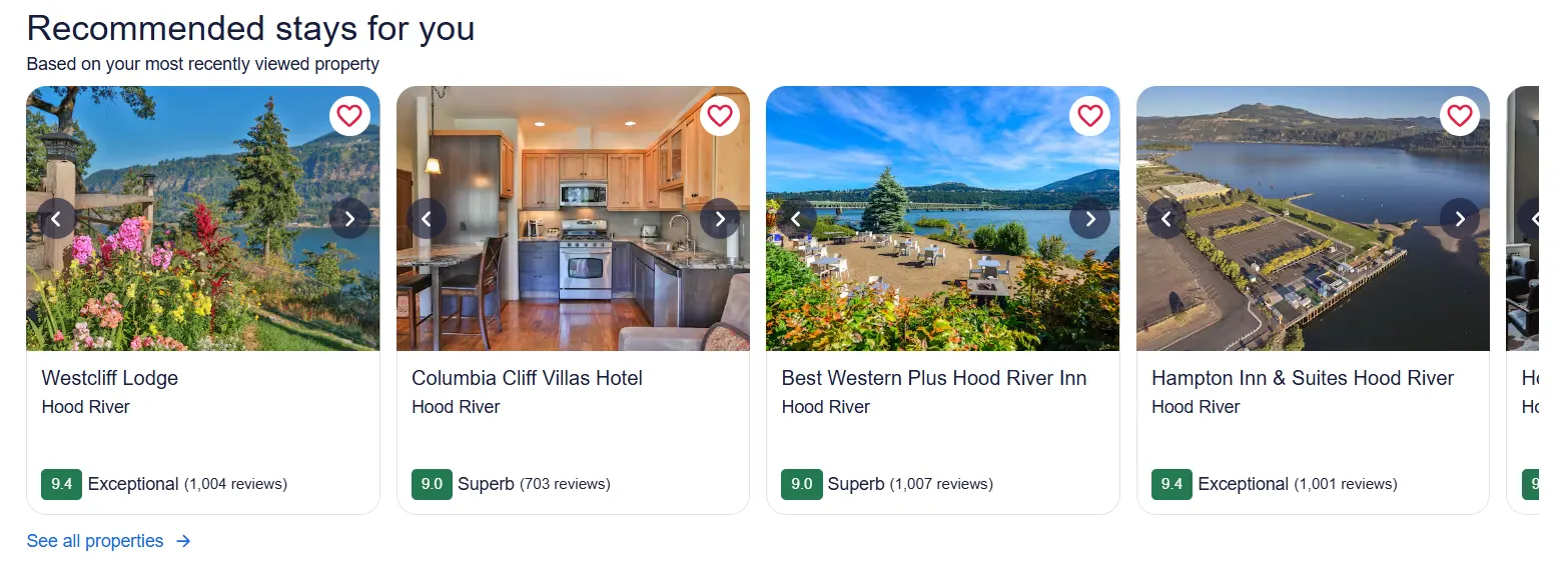 Online travel agency carousel of recommended hotel stays, each with photos and a review score