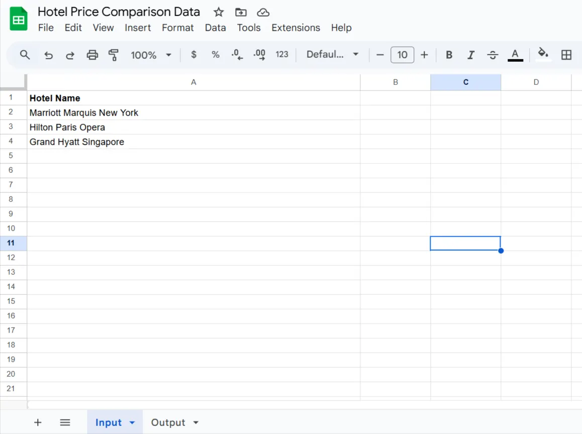 Google Sheet named "Hotel Price Comparison Data" with an Input tab listing Marriott Marquis New York, Hilton Paris Opera and Grand Hyatt Singapore
