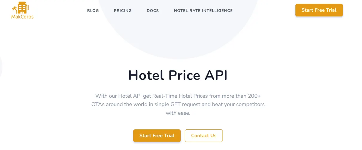 Makcorps Hotel Price API page offering real-time prices from more than 200 OTAs