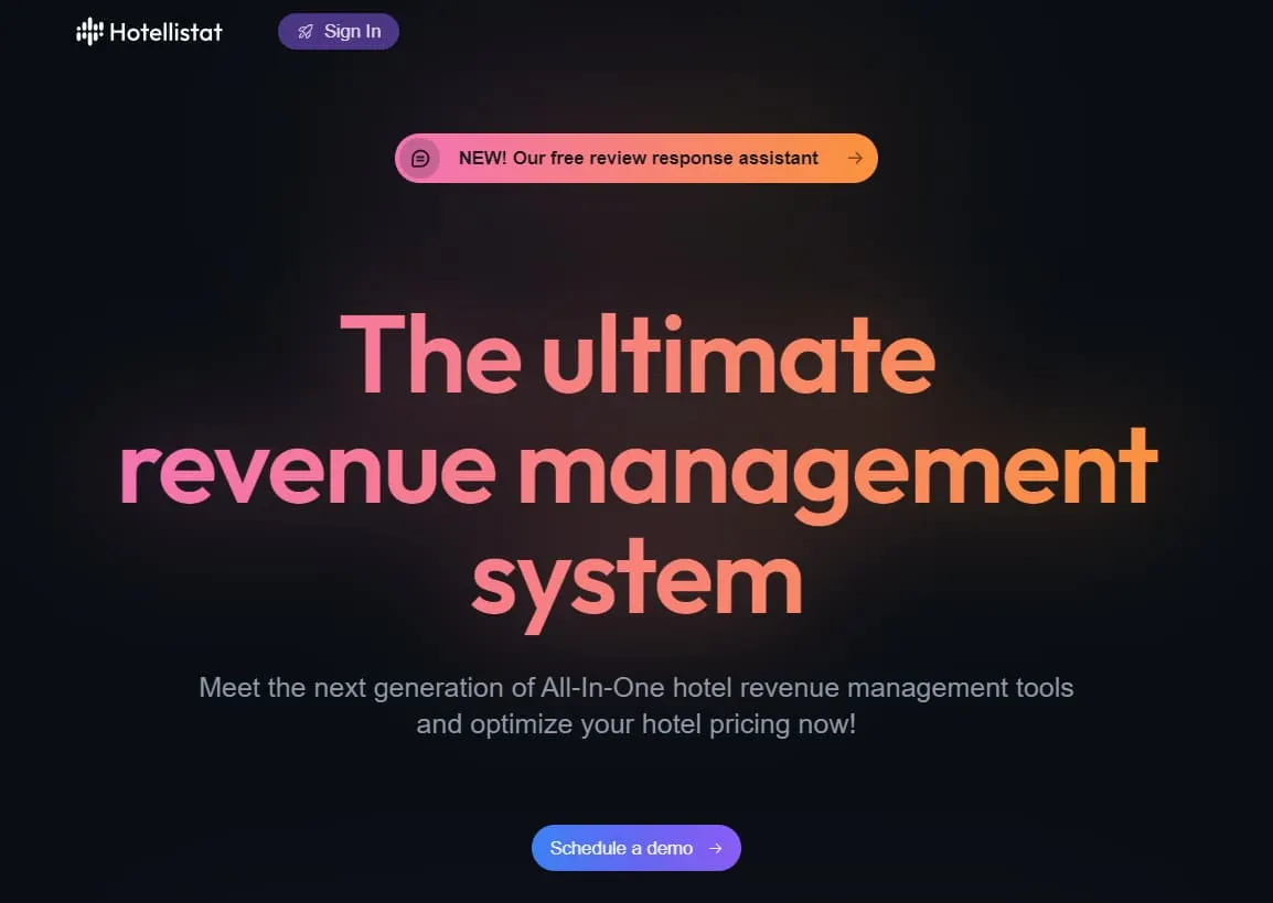 Hotellistat homepage headlined 'The ultimate revenue management system'