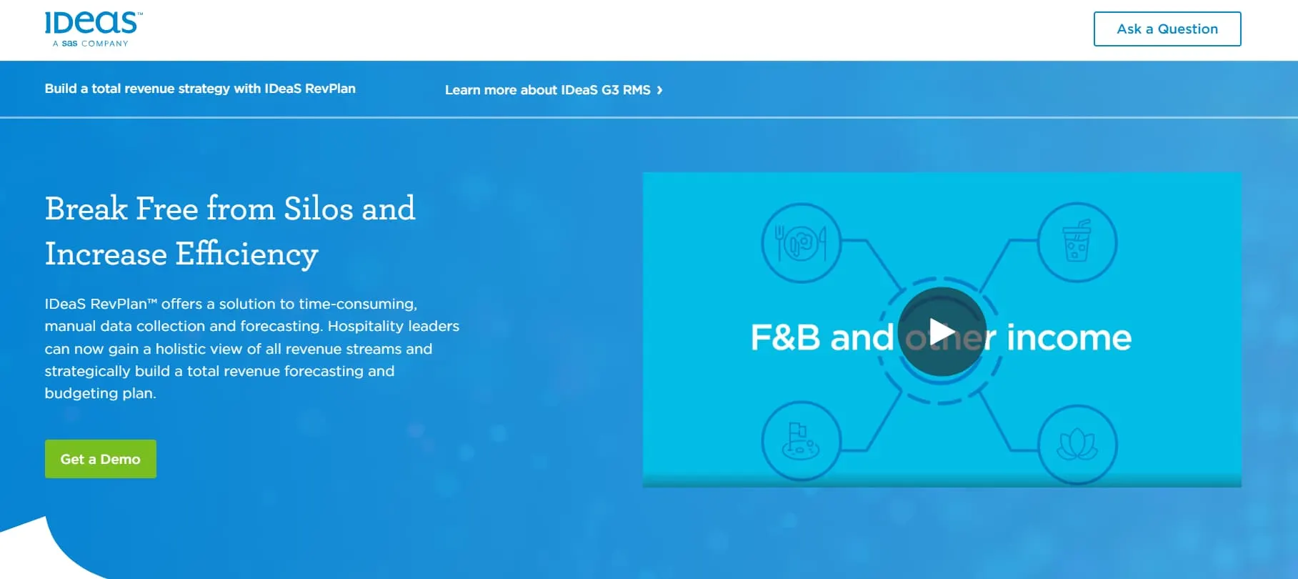 IDeaS RevPlan homepage headlined 'Break Free from Silos and Increase Efficiency'