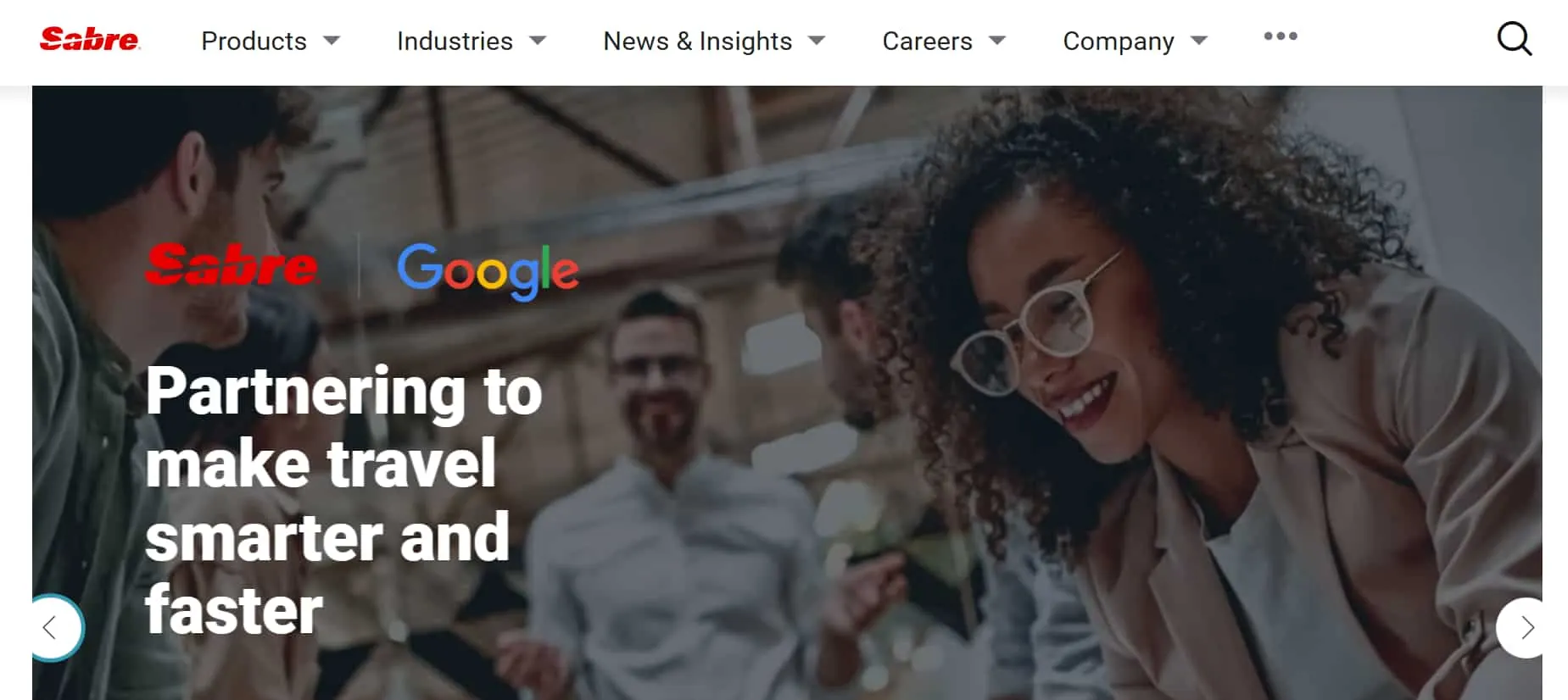 Sabre homepage banner reading 'Partnering to make travel smarter and faster'