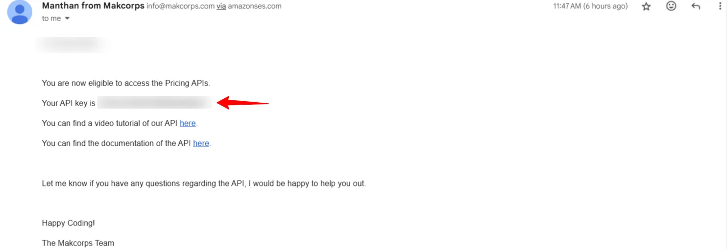 Makcorps welcome email with a red arrow pointing to the API key