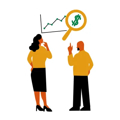 Illustration of two colleagues discussing a rising revenue chart